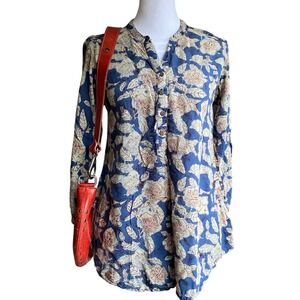 Block Print Floral Blue Tunic Top‎ Medium Bohemian Work Botanical Ethnic Coastal